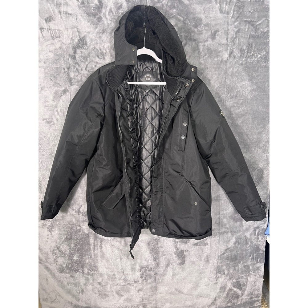 Urban Republic Mens Black Hooded Parka Quilted Lining Winter Jacket Coat Medium